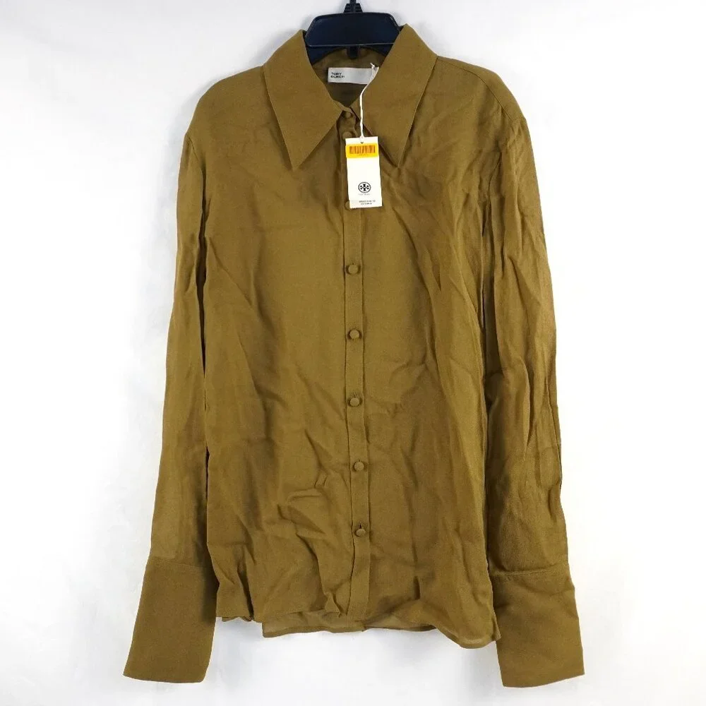 Tory Burch Cuffed Button Down Viscose Shirt in Ash Green - Women's Size 6 (NWT)